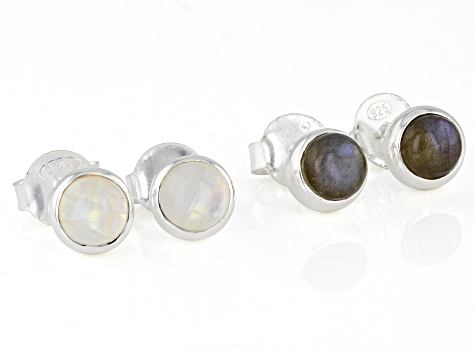 Round Labradorite And Round Rainbow Moonstone Set of Two Sterling Silver Stud Earrings