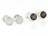 Round Labradorite And Round Rainbow Moonstone Set of Two Sterling Silver Stud Earrings