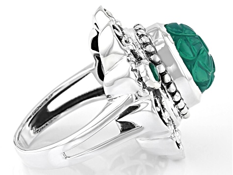 Green Onyx With Emerald Sterling Silver Ring 0.14ct