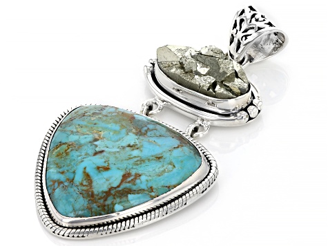 Turquoise and pyrite necklace, sterling selling silver jewelry, blue topaz pendants