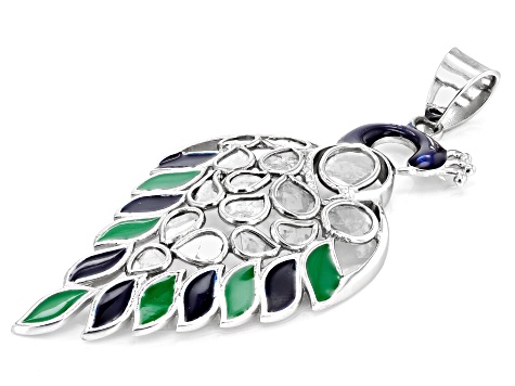 Polki Diamond With Enamel Peacock Sterling Silver Pendant