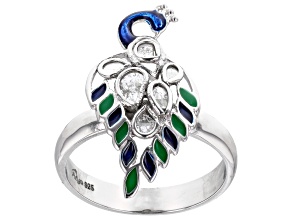 Polki Diamond With Enamel Peacock Sterling Silver Ring