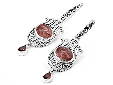 Pink Strawberry Quartz and Red Garnet Hamsa Sterling Silver Dangle  Earrings