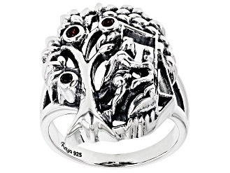 Round Red Garnet Sterling Silver Tree Of Life Ring 0.16ctw