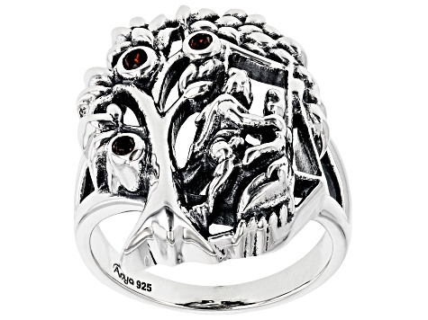 Round Red Garnet Sterling Silver Tree Of Life Ring 0.16ctw