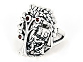 Round Red Garnet Sterling Silver Tree Of Life Ring 0.16ctw