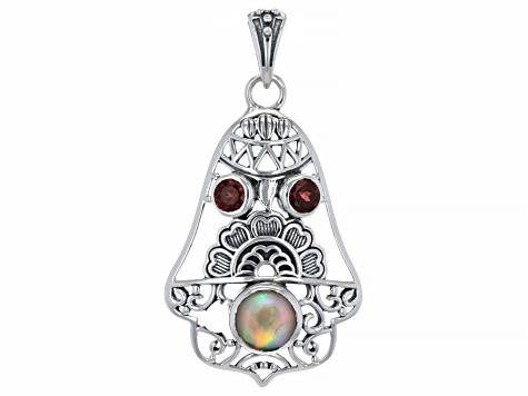 Ethiopian Opal and Garnet Sterling Silver Bell Pendant 0.94ctw