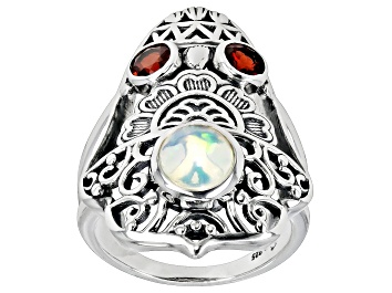 Picture of Ethiopian Opal and Red Garnet Sterling Silver Bell Ring 0.54ctw