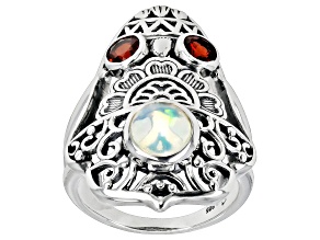 Ethiopian Opal and Red Garnet Sterling Silver Bell Ring 0.54ctw