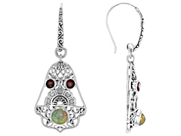 Picture of Ethiopian Opal and Garnet Sterling Silver Bell Dangle Earrings. 1.08ctw