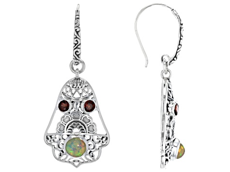 Ethiopian Opal and Garnet Sterling Silver Bell Dangle Earrings. 1.08ctw