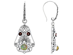 Ethiopian Opal and Garnet Sterling Silver Bell Dangle Earrings. 1.08ctw