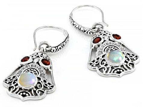 Ethiopian Opal and Garnet Sterling Silver Bell Dangle Earrings. 1.08ctw