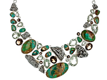 Picture of Boulder Turquoise, Meteorite, Smoky Quartz & Prasiolite Sterling Silver Bib Necklace 51.45ctw