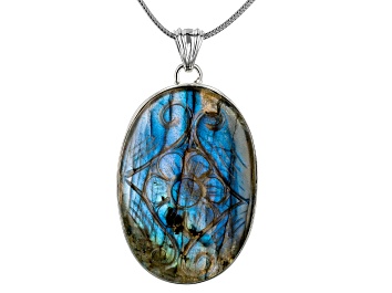Picture of 47x33mm Labradorite Sterling Silver Hand Carved Floral Pendant With Chain