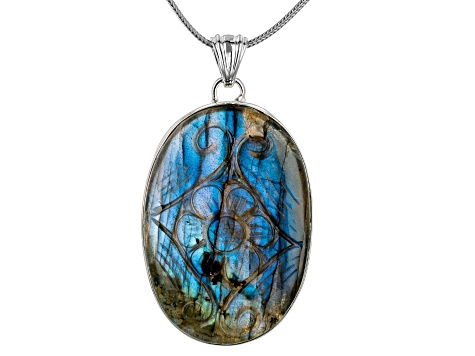 47x33mm Labradorite Sterling Silver Hand Carved Floral Pendant With Chain