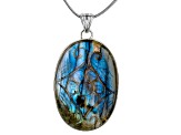 47x33mm Labradorite Sterling Silver Hand Carved Floral Pendant With Chain