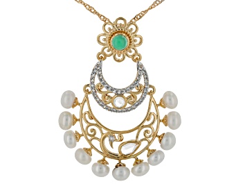 Picture of Green Onyx, Cultured Freshwater Pearl, & White Topaz 18K Yellow Gold Over Silver Pendant With Chain
