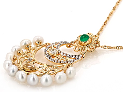 Green Onyx, Cultured Freshwater Pearl, & White Topaz 18K Yellow Gold Over Silver Pendant With Chain