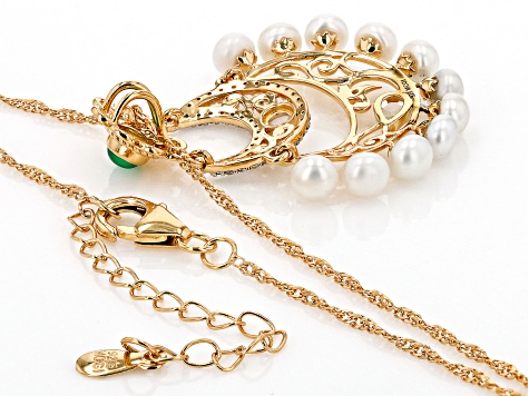 Green Onyx, Cultured Freshwater Pearl, & White Topaz 18K Yellow Gold Over Silver Pendant With Chain