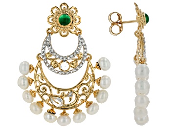 Picture of Green Onyx, Cultured Freshwater Pearl, & White Topaz 18K Yellow Gold Over Silver Earrings 1.08ctw