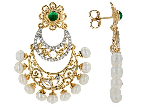 Green Onyx, Cultured Freshwater Pearl, & White Topaz 18K Yellow Gold Over Silver Earrings 1.08ctw