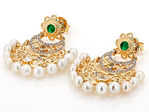 Green Onyx, Cultured Freshwater Pearl, & White Topaz 18K Yellow Gold Over Silver Earrings 1.08ctw
