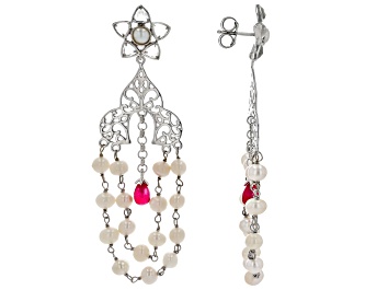 Picture of Ruby Color Quartz, Cultured Freshwater Pearl, & White Topaz Sterling Silver Dangle Earrings 1.80ctw