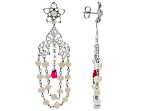 Ruby Color Quartz, Cultured Freshwater Pearl, & White Topaz Sterling Silver Dangle Earrings 1.80ctw