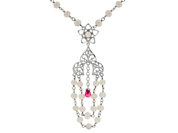 Picture of Ruby Color Quartz, Cultured Freshwater Pearl, & White Topaz Sterling Silver Necklace 0.96ctw