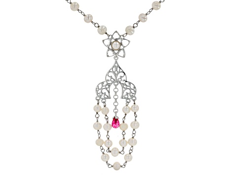 Ruby Color Quartz, Cultured Freshwater Pearl, & White Topaz Sterling Silver Necklace 0.96ctw