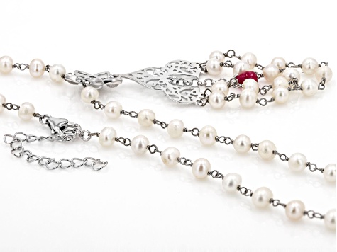 Ruby Color Quartz, Cultured Freshwater Pearl, & White Topaz Sterling Silver Necklace 0.96ctw