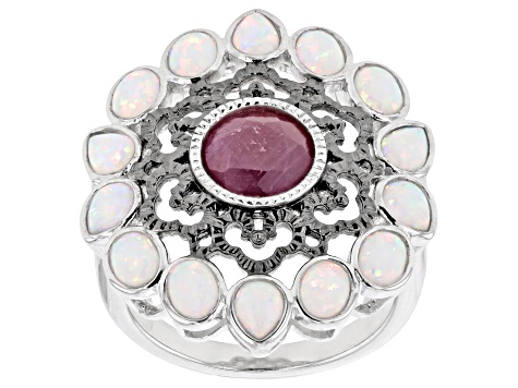 Indian Ruby With Lab Created Opal Rhodium Over Sterling Silver Ring 1.45ct