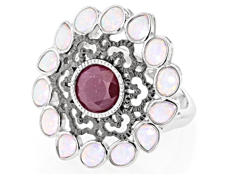 Indian Ruby With Lab Created Opal Rhodium Over Sterling Silver Ring 1.45ct