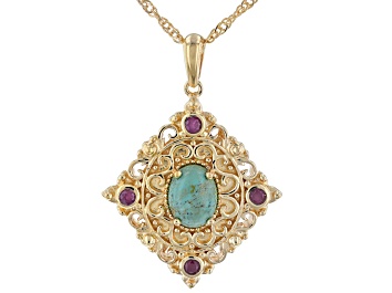 Picture of LaBonita Turquoise With Indian Ruby 18K Yellow Gold Over Sterling Silver Pendant with Chain 0.12ctw