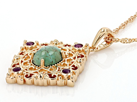 LaBonita Turquoise With Indian Ruby 18K Yellow Gold Over Sterling Silver Pendant with Chain 0.12ctw