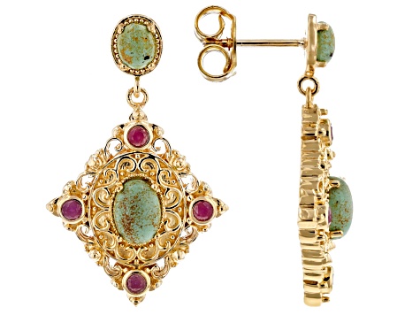LaBonita Turquoise With Indian Ruby 18K Yellow Gold Over Sterling Silver Earrings 0.25ctw