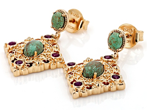 LaBonita Turquoise With Indian Ruby 18K Yellow Gold Over Sterling Silver Earrings 0.25ctw