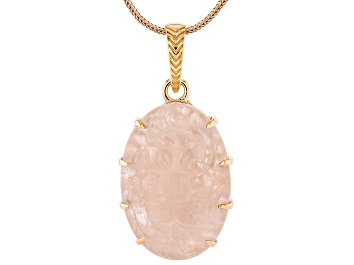 Picture of 32x22mm Carved Rose Quartz 18K Rose Gold Over Sterling Silver Floral Pendant With Chain