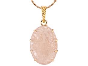 32x22mm Carved Rose Quartz 18K Rose Gold Over Sterling Silver Floral Pendant With Chain