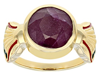 Picture of Indian Ruby & Enamel 18K Yellow Gold Over Sterling Silver Ring 2.70ct