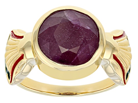 Indian Ruby & Enamel 18K Yellow Gold Over Sterling Silver Ring 2.70ct