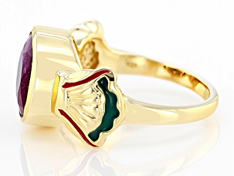 Indian Ruby & Enamel 18K Yellow Gold Over Sterling Silver Ring 2.70ct