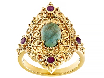 Picture of LaBonita Turquoise & Indian Ruby 18K Yellow Gold Over Sterling Silver Ring 0.16ctw