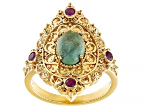 LaBonita Turquoise & Indian Ruby 18K Yellow Gold Over Sterling Silver Ring 0.16ctw