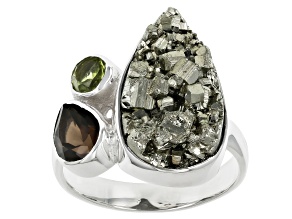 Pyrite, Peridot, & Smoky Quartz Sterling Silver Ring