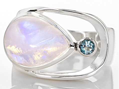 Rainbow Moonstone & Blue Topaz Sterling Silver Ring .14ctw
