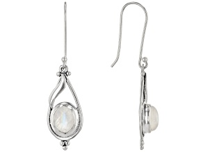 Oval Rainbow Moonstone Sterling Silver Dangle Earrings