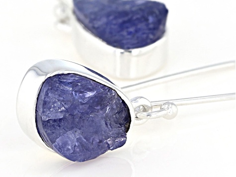 Blue Tanzanite Rough Silver Earrings