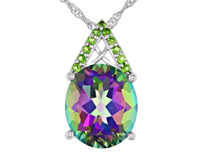 Green Mystic® Quartz Rhodium Over Silver Pendant with Chain 6.37ctw